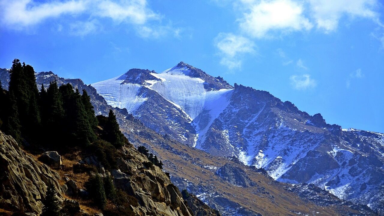 mountains, rocks, glacier, nature, stones, sky, snow, kazakhstan, tien shan