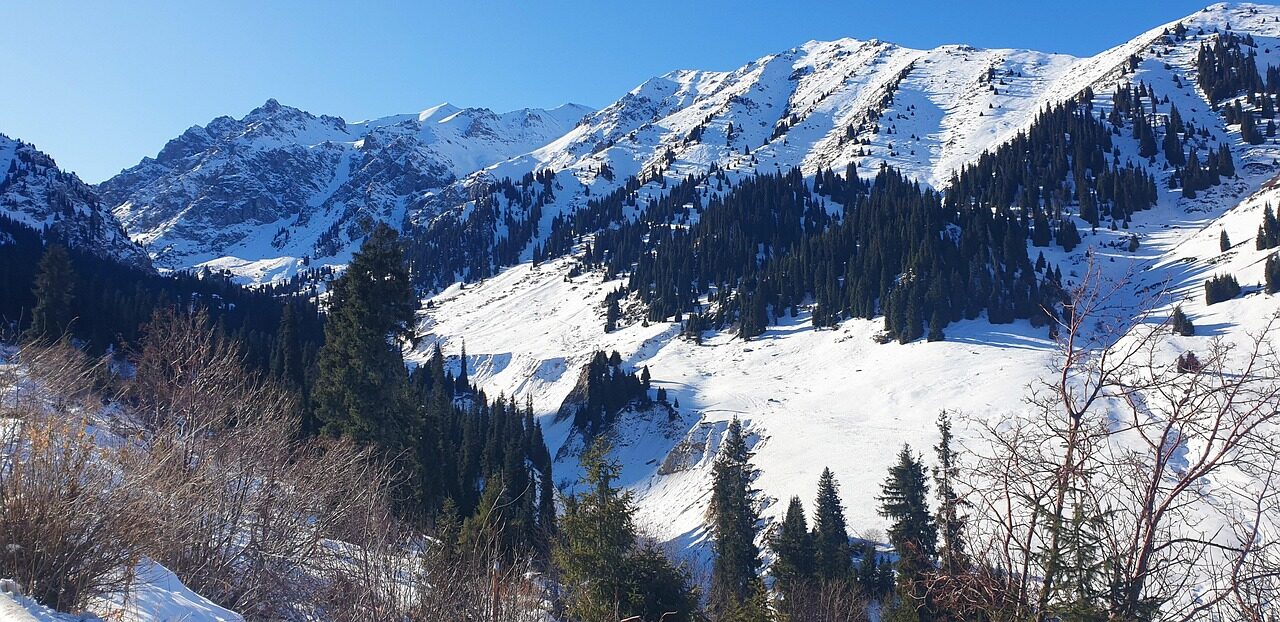 mountains, almaty, kazakhstan, panorama, landscape, nature, journey, blue sky, snow, travel, vacation, trip, winter, sky, blue, tourism, holiday, tree, rocks, fir tree, visitalmaty