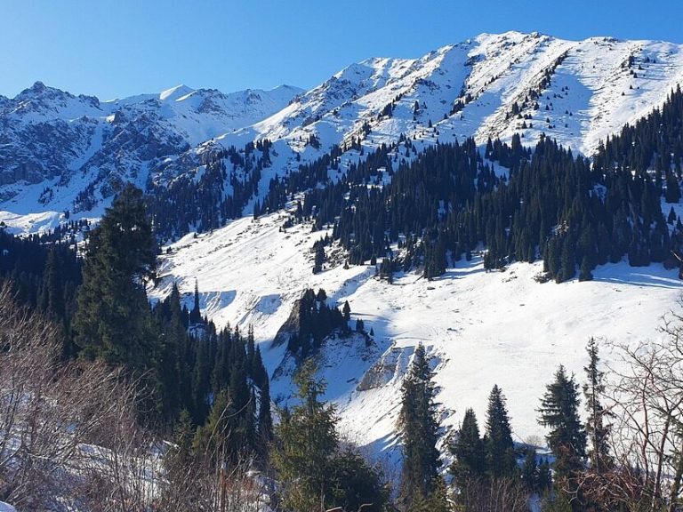 mountains, almaty, kazakhstan, panorama, landscape, nature, journey, blue sky, snow, travel, vacation, trip, winter, sky, blue, tourism, holiday, tree, rocks, fir tree, visitalmaty